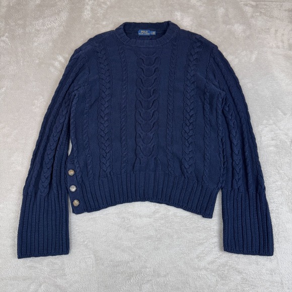 Polo Ralph Lauren Sweater Womens Large Blue Preowned Cable Knit Pullover Preppy - Picture 1 of 11